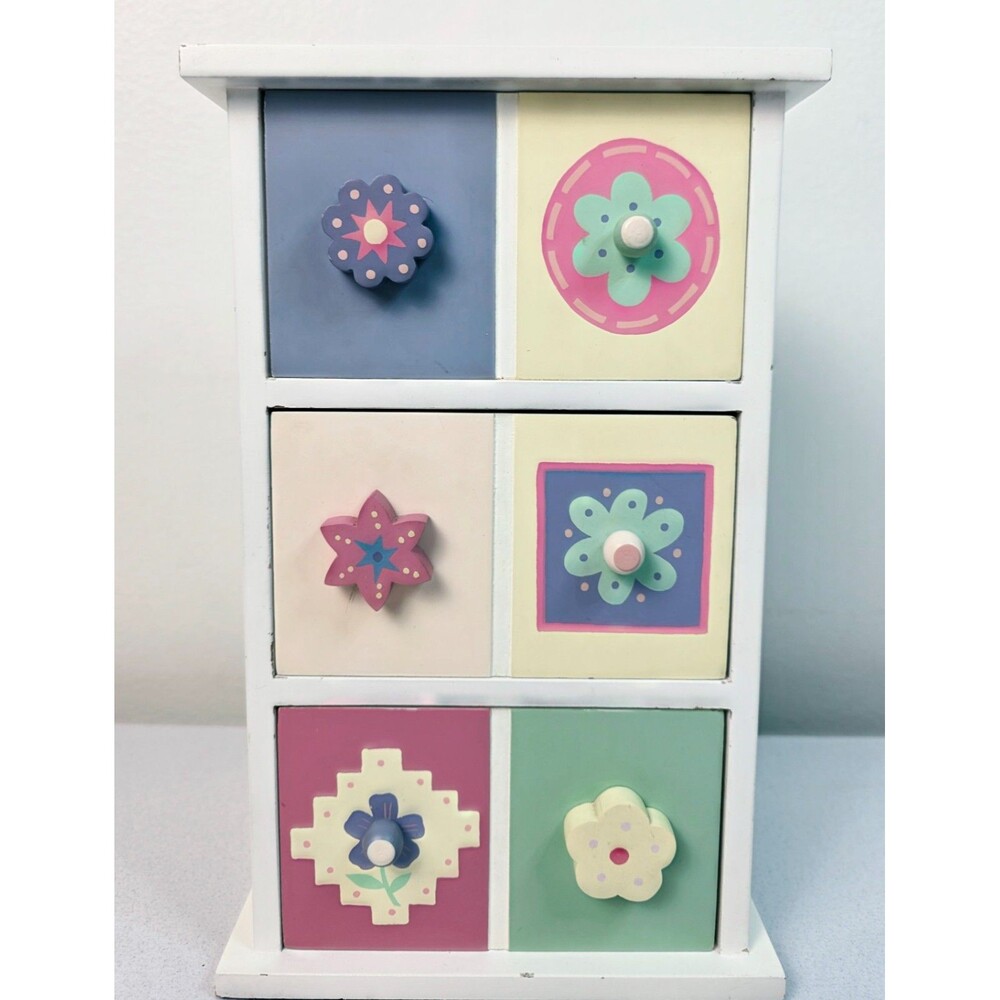 VTG Pastel Flower Wooden Jewelry Box 3-Drawer Trinket Chest Cottagecore Decor